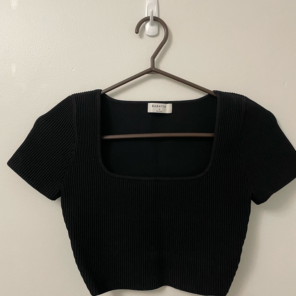 Babaton Black Ribbed Square Crop Tee